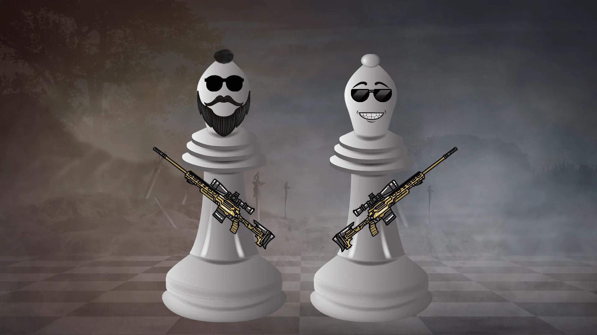 Two cartoon chess bishops wearing sunglasses and carrying sniper rifles